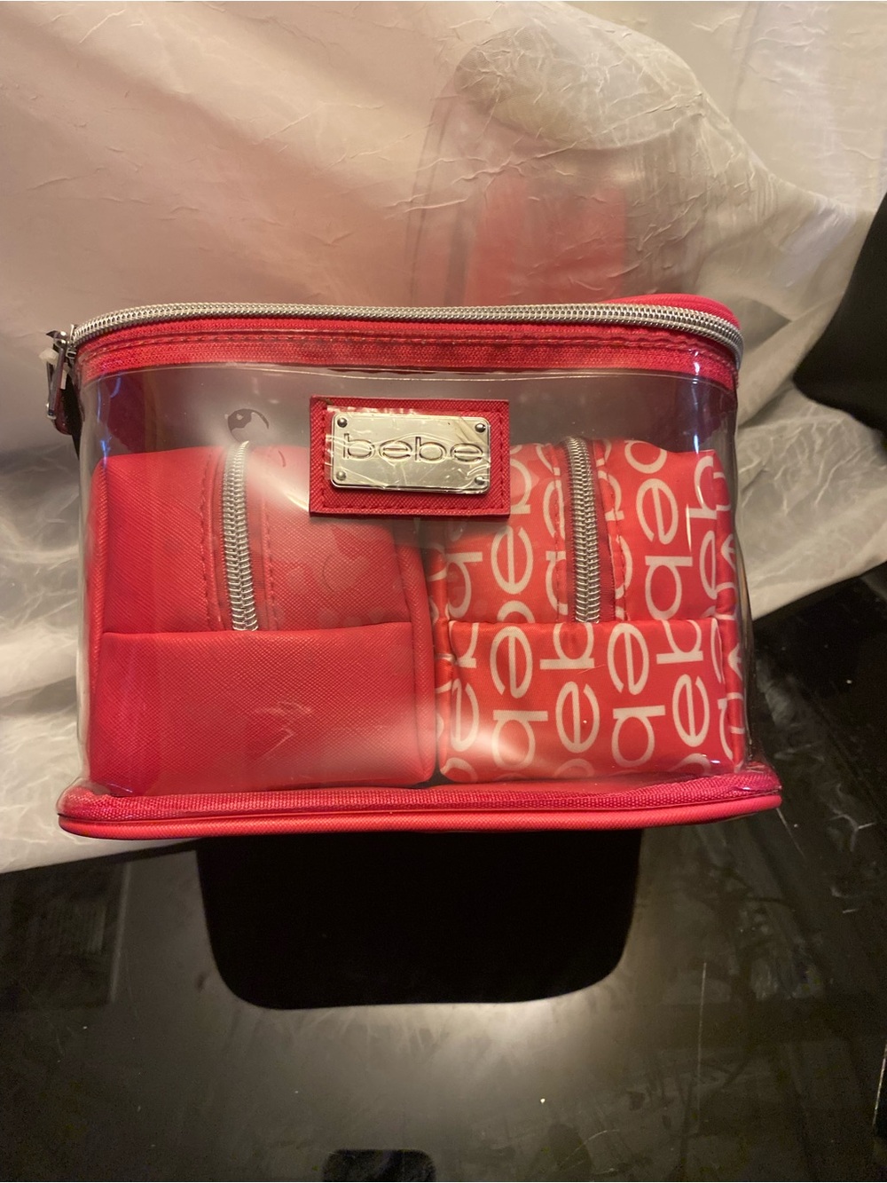 bebe Red Clear Makeup Travel Pouch Set